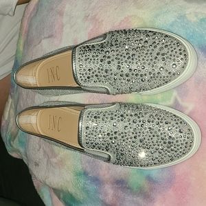 Silver rhinestone slip on shoes